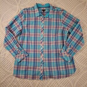 Talbots Women's XL Blue Plaid Button Down Shirt Reversable Cuff Long Sleeve